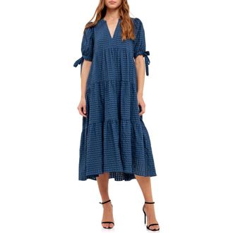 English Factory Gingham Tiered Midi Dress in Navy at Nordstrom Rack, Size X-Small