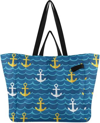 Generic Blue pattern Reusable Canvas Tote Bag, Heavy Duty Grocery Shopping Bag with Double Handles Hard Bottom Large Capacity Work Groceries Travel