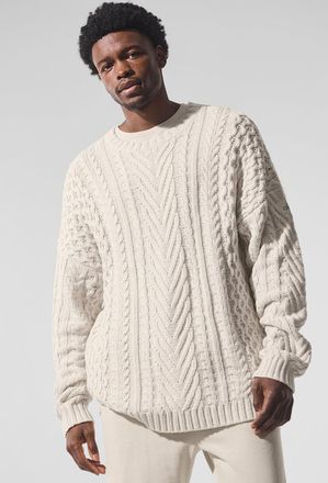 Alo | Cable Knit Crewneck Neck Sweater Top in Bone Beige, Size: Medium