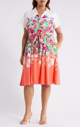 Tahari by ASL Floral Print Shirtdress in Coral Floral at Nordstrom, Size 16W