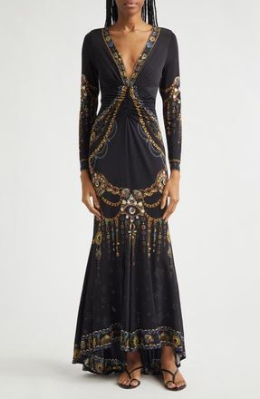 Camilla Amulets & Alchemy Print Gathered Long Sleeve Jersey Dress with Train in Amulets And Alchemy at Nordstrom, Size X-Small