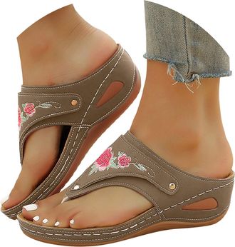 Generic Orthopedic Wedge Slipper for Women 2026 Flower Leather Platform Wedges Summer Dressy Sandals Women Arch Support Comfortable Open Toe Wide Width Casual
