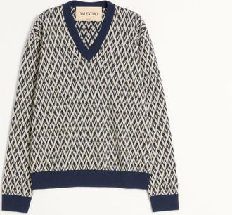 Valentino Maglione In Lana Con Motivo Jacquard Toute La V Uomo NAVY/CREMA 3XL