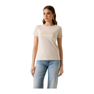 Guess T-Shirts, female, Beige, Size: XS Short Sleeve Round Neck Cotton T-Shirt