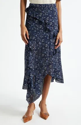 Veronica Beard Elenora Ruffle Floral Paisley Midi Skirt in Navy Multi at Nordstrom, Size 00