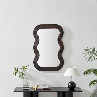 Furniturebox Liora Walnut Wood Medium 90x60cm Rectangle Wavy Wall Mirror | Size: 90x60 cm