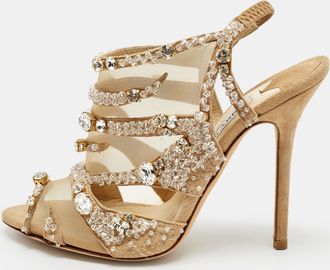 Jimmy Choo London Beige Mesh And Suede Crystal Embellished Slingback Sandals