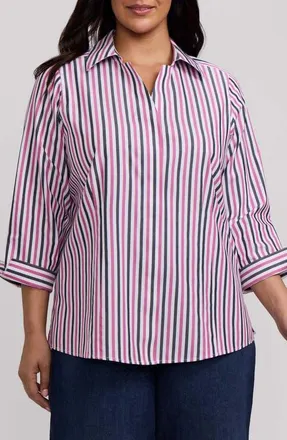 Foxcroft Taylor Stripe Cotton Button-Up Shirt in Pomegranate Red/multi at Nordstrom, Size 22W