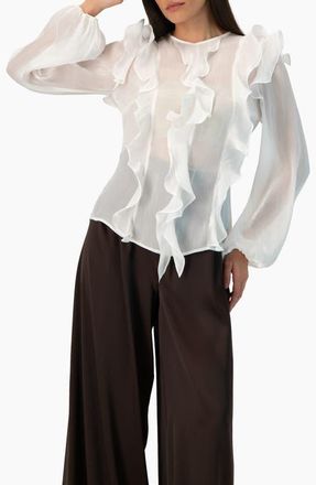 Ivonne Long Sleeve Sheer Blouse with Ruffle Detail in Ivory at Nordstrom, Size 12