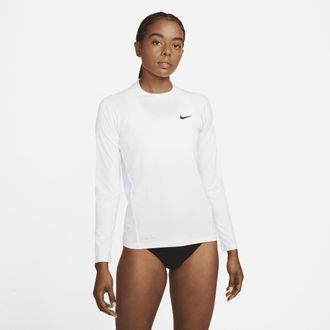 Nike Womens Swim Hydroguard Dri-FIT UV Long Sleeve Top in White | NESSA386-100