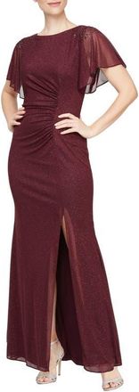 S.L. Fashions Sparkle Embellished Shoulder Gown in Fig at Nordstrom, Size 16