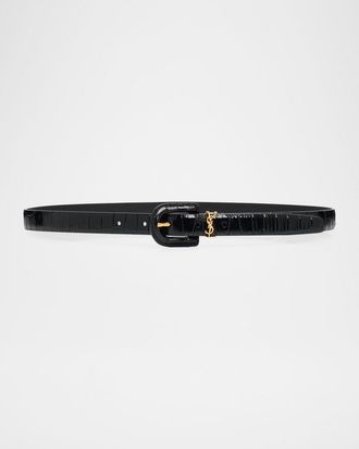 Saint Laurent Cassandre Croco-Embossed Leather Thin Belt