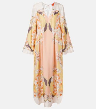 La DoubleJ Abito lungo Twin Flame in twill di seta con stampa
