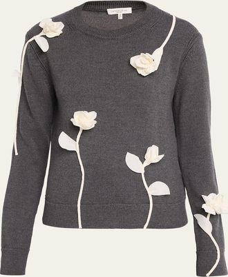 Lafayette 148 New York Floral Applique Crewneck Wool Sweater