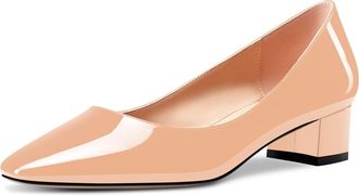 Castamere Women Chunky Block Low Kitten Heel Close Square Toe Pumps Court Shoe Slip-on Cute Dress Office Shoes Beige 2.5 UK