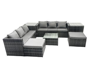 Fimous 8 Seater Patio Lounge Sofa Set with 2 Side Tables 2 Big Footstools in Dark Grey