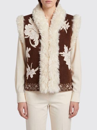 Forte_Forte Gilet in pelliccia ecologica con ricamo floreale e collo sciallato