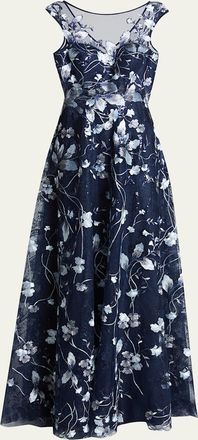 Teri Jon Cap-Sleeve Embroidered Tulle A-Line Gown