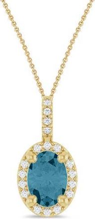 Allurez Oval Lab Aquamarine & Diamond Halo Pendant Necklace 14K in 0.78Ct/yellow Gold at Nordstrom, Size 18