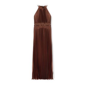 Motivi Lange geplooide satijnen jurk met open rug - Dames - Avondkleed - Bruin - XL - Satijn - Kleedjes