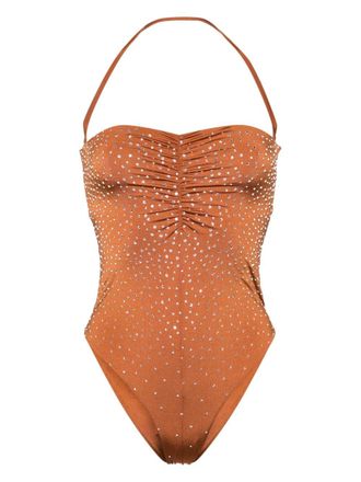 Forte_Forte crystal-embellished open-back swimsuit - women - Elastane/Polyamide - II - Brown