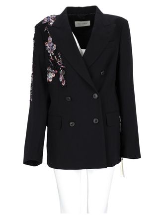 Dries Van Noten Black Double-Breasted Floral Embellished Wool Blazer
