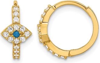 Diamond2Deal 10K Yellow Gold White & Blue CZ Evil Eye Hinged Hoop Earring