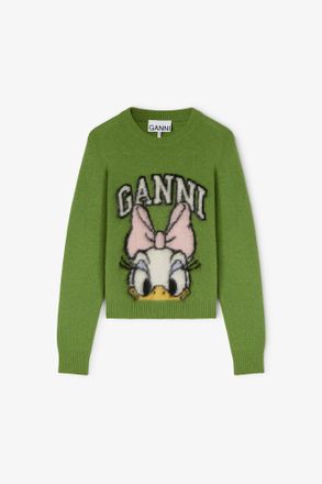 Ganni Daisy Duck Green Brushed Wool Jumper - Size XXS Minced Herb