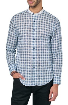 Brooklyn Brigade Slim Fit Check Print Linen Cotton Banded Collar Long Sleeve Shirt in Blue at Nordstrom, Size Large