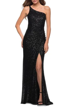 La Femme Sequin Gown with One Shoulder Top and Open Back in Black at Nordstrom, Size 10