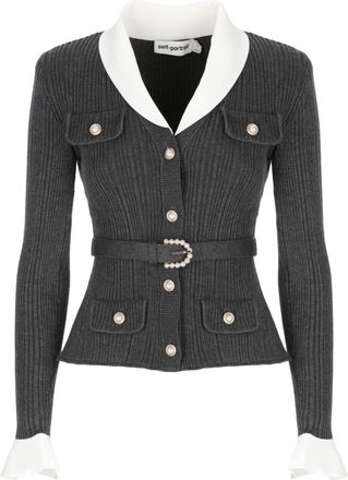Self Portrait Grey Ribbed Knit Belted Cardigan