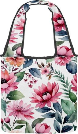 Generic Pink Flowers with Leaves Reversible Canvas Shoulder Tote - Double-Sided Print, 12oz Cotton, 27cm Drop, Fold-Flat Bag for Travel, Shopping, Street Outi