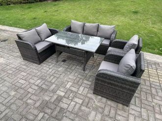 Fimous 7 Seater Dark Grey PE Rattan Garden Furniture Set Reclining Chair Love Seat 3 Seater Sofa Set Dining Table