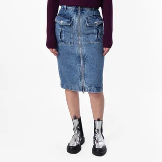 Bally Hilda Zip-Front Denim Midi Skirt, Brand Size 38 ( US Size 2 )