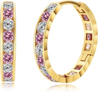 MAX + STONE Solid 14K Yellow Gold Cubic Zirconia Huggie Hoop Earrings in White, Pink or Red
