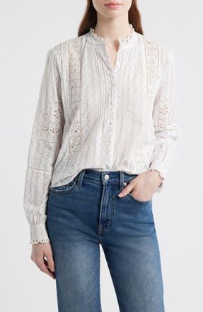 LoveShackFancy Lal Floral Embroidered Eyelet Cotton Button-Up Shirt in Blue Bonnet at Nordstrom, Size Xx-Small