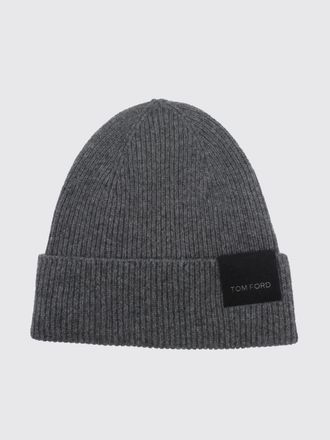Tom Ford Berretto beanie in 100% cashmere a coste con risvolto e logo applicato
