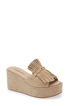 Cordani Jewel Studded Kiltie Platform Wedge Slide Sandal in Beige Suede at Nordstrom, Size 8.5Us
