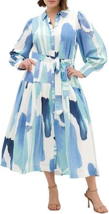 City Chic Ezra Print Midi Shirtdress in Tranquil at Nordstrom, Size Xxxs