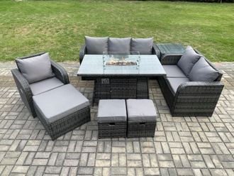 Fimous Garden Patio Furniture Wicker Rattan Gas Fire Pit Table & Sofa Chair set with Side Table 3 Footstool in Dark Grey