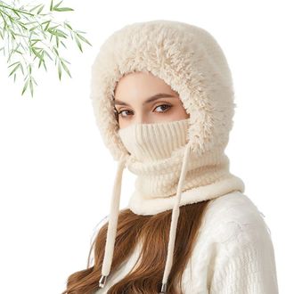 Generic 3 in 1 Beanie Hat with Scarf and Mask,3 in 1 Beanie Hat for Women,Multi-Functional Knitted Ski Winter Thermal Face Mask(Beige)