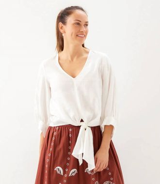Karen Kane Blouson Sleeve Linen Tie-Front Top In Off White