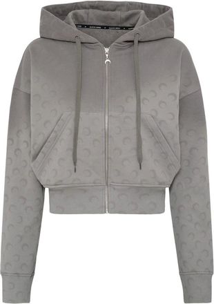Marine Serre Hoodies & sweatvesten, Dames, Grijs, S, Katoen, Faded Moon Fleece Cropped Hoodie met Ritssluiting