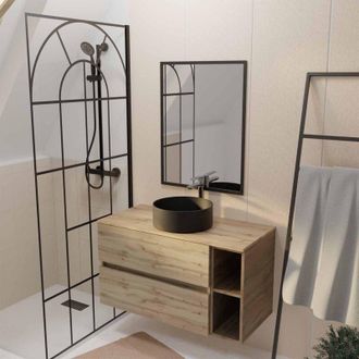 Aurlane Aurlane - Mueble De Ba&ntilde;o 100 Decoraci&oacute;n Roble, 2 Cajones, Lavabo Negro, Espejo 60x80