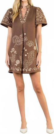 THML Clothing Short Sleeve Embroidered Detail Dress In Brown