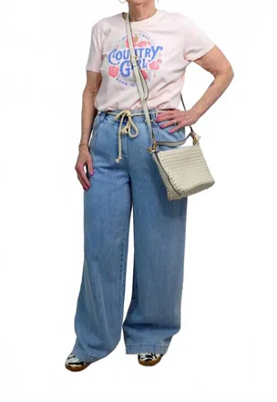 Democracy Pleated Rope Belt Wide Leg Jeans In Denim