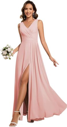 Ever-pretty Womens Chiffon Double V-Neck Side Slit Maxi Bridesmaid Dress Pink L
