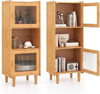 Costway Costway - Armadietto Da Cucina A 3 Ripiani Con 2 Ante In Acrilico Trasparente, Credenza Espositore In Bamb&ugrave; Salvaspazio, Libreria Vetrina Per Studio E