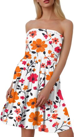 Generic Womens Strapless Sheering Boob Tube Dress Dresses for Women Strapless Sundress Floral Print Bandeau Sheering Sleeveless Mini Dress Boob Tube Pleated S
