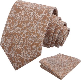 Alizeal Mens Flower Tie Set Solid Color Wedding Party Formal Casual Floral Necktie with Handkerchief Set, Coffee